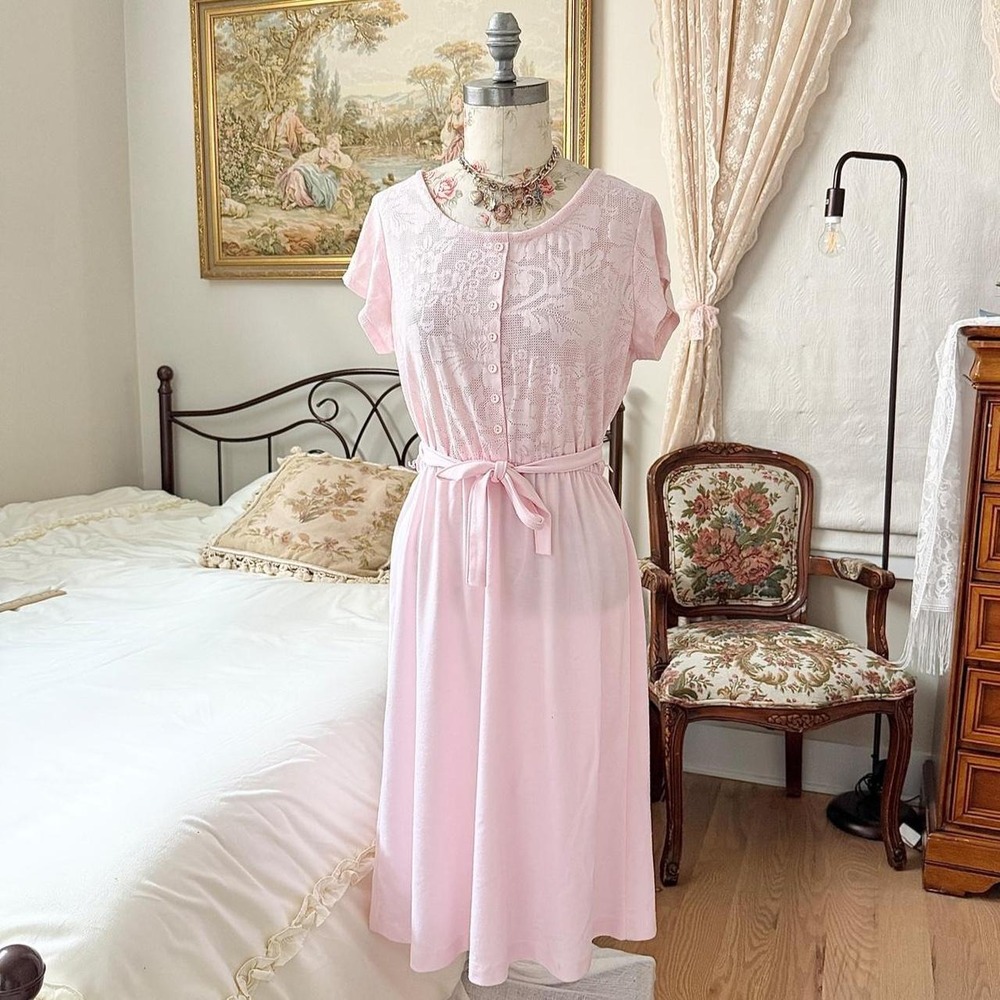 Pink Lace Dress  70s pastel pink lace midi dress size 15